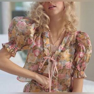 Selkie Sheer Floral Puff-Sleeve Tie Blouse and skirt